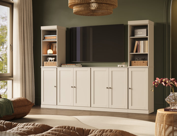 100% Solid Wood 6-Piece Entertainment Center Wall Unit with Storage, Open Cabinets & Shaker Doors, Adjustable Shelves, 97" W x 71.5" H
