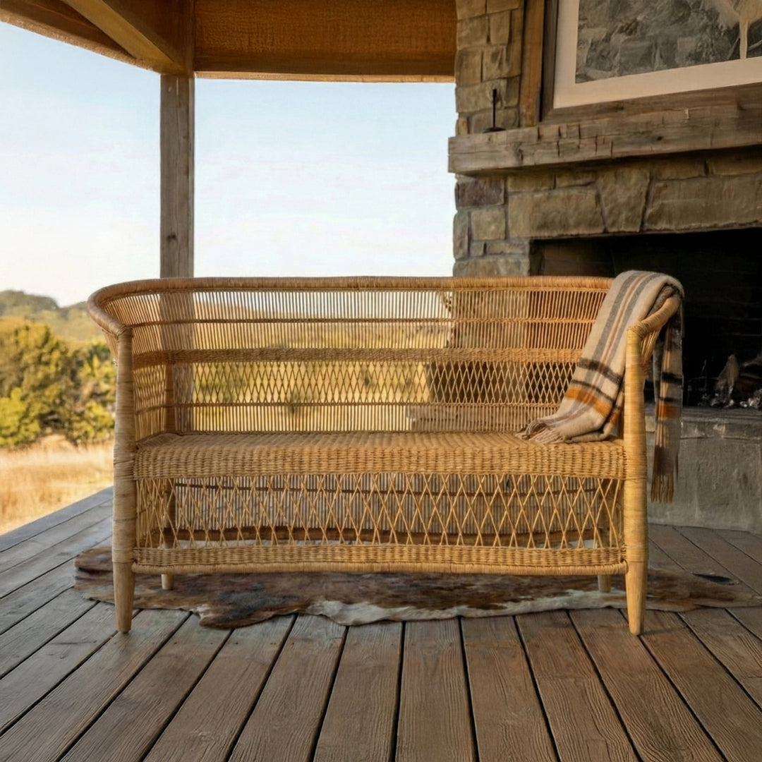 100% Solid Wood Frame Handwoven Natural Rattan Indoor Loveseat, Boho Farmhouse Accent Seating – Authentic African Craftsmanship