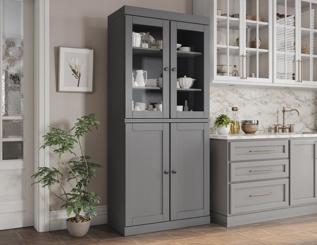 100% Solid Brazilian Pine Wood Pantry Cabinet, Shaker & Clear Glass Doors, 2 Drawers, Adjustable Shelves, 32" Wide, 71.5" Tall