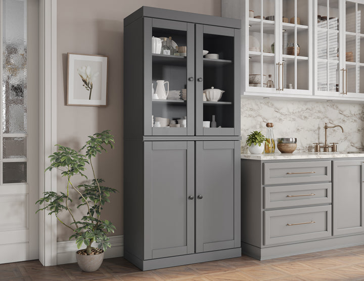 100% Solid Brazilian Pine Wood Pantry Cabinet, Shaker & Clear Glass Doors, 2 Drawers, Adjustable Shelves, 32" Wide, 71.5" Tall