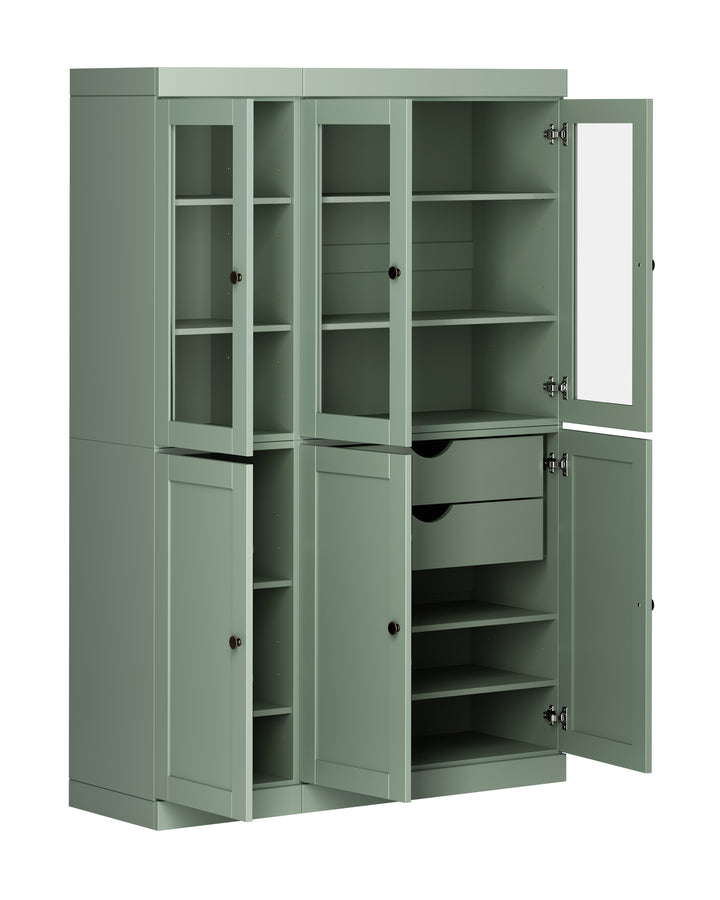 100% Solid Wood 48.5" Pantry China Cabinet, 3 Glass Doors, 3 Shaker Doors, 2-Drawers