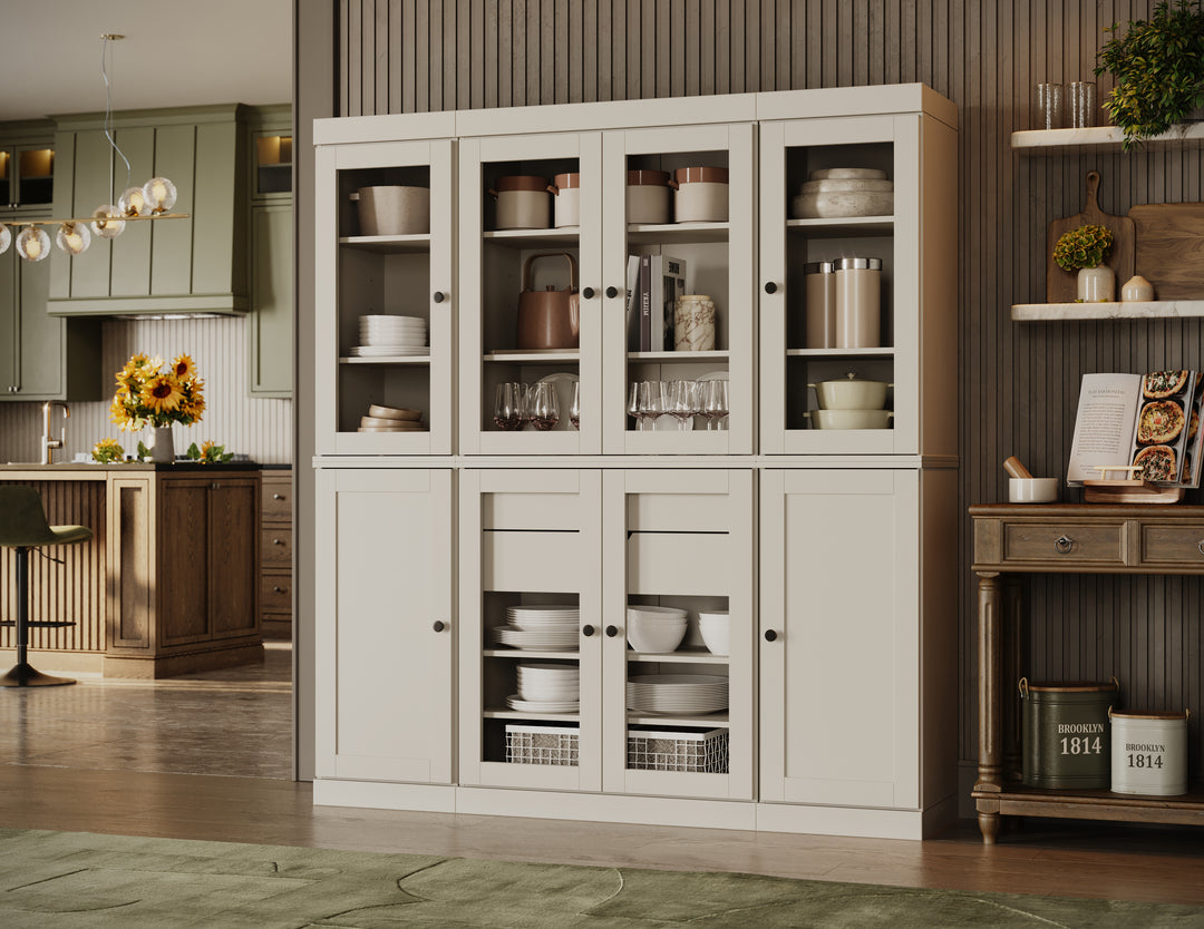 100% Solid Wood Tall Freestanding Kitchen Pantry Cabinet with Glass Doors & 2 Drawers, Modular Storage Cabinet with Adjustable Shelves, 65" W x 71.5" H