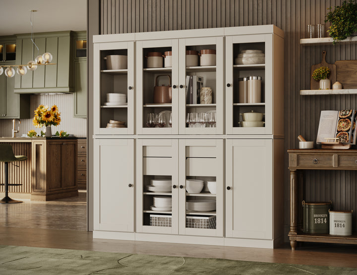 100% Solid Wood Tall Freestanding Kitchen Pantry Cabinet with Glass Doors & 2 Drawers, Modular Storage Cabinet with Adjustable Shelves, 65" W x 71.5" H