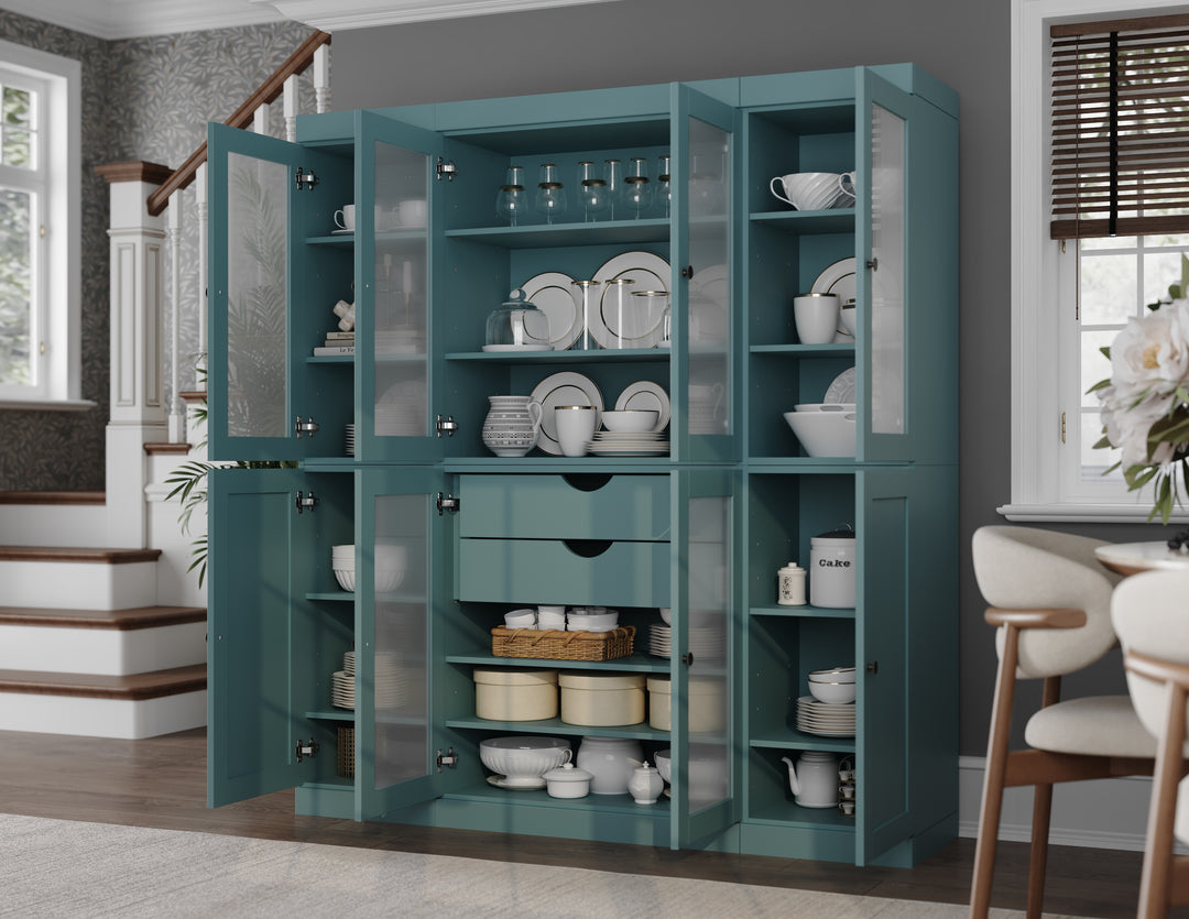 100% Solid Brazilian Pine Wood 65" Pantry Cabinet with Frosted Glass, Shaker Doors, 2-Drawers and Adjustable Shelves