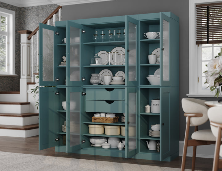 100% Solid Brazilian Pine Wood 65" Pantry Cabinet with Frosted Glass, Shaker Doors, 2-Drawers and Adjustable Shelves