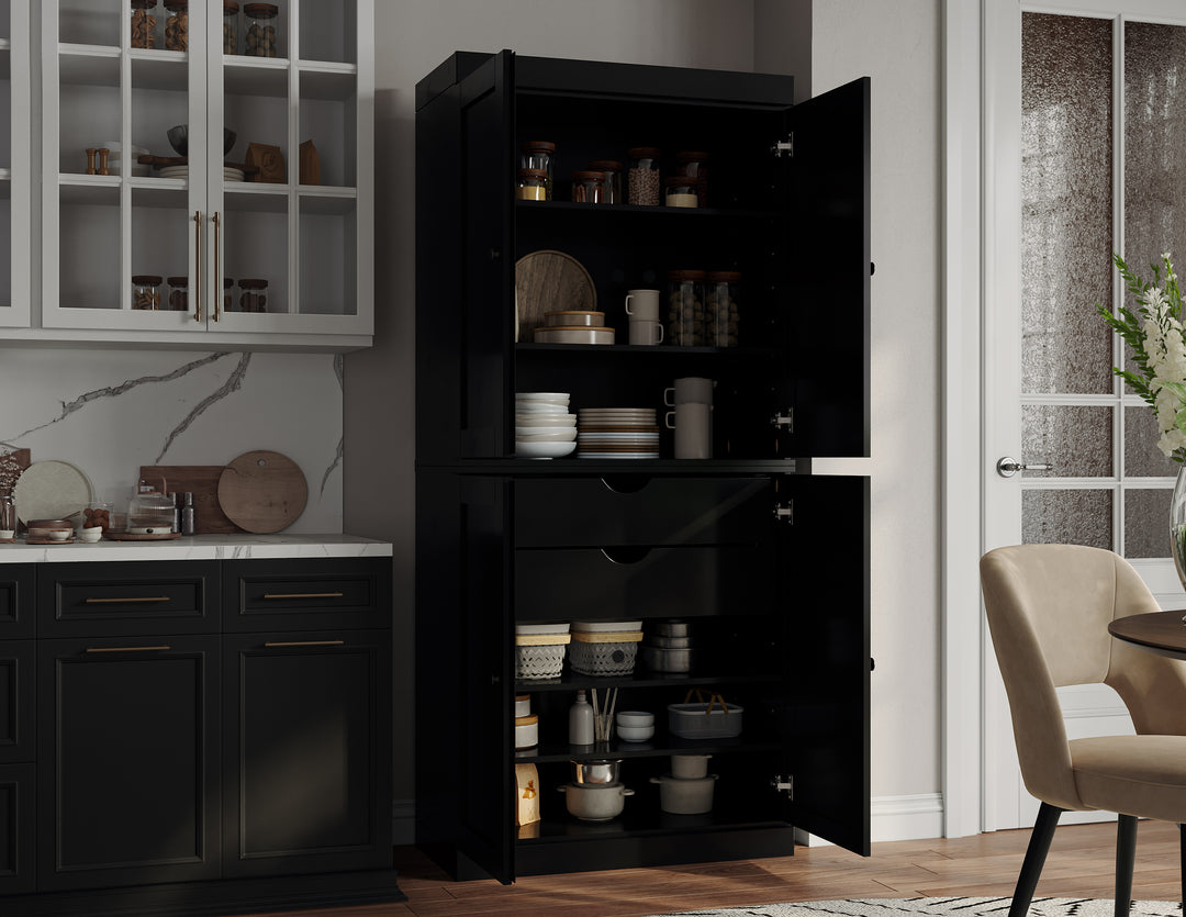 100% Solid Wood Tall Freestanding Kitchen Pantry Cabinet with Doors & 2 Drawers, Modular Storage Cabinet with Adjustable Shelves, 32" W x 71.5" H