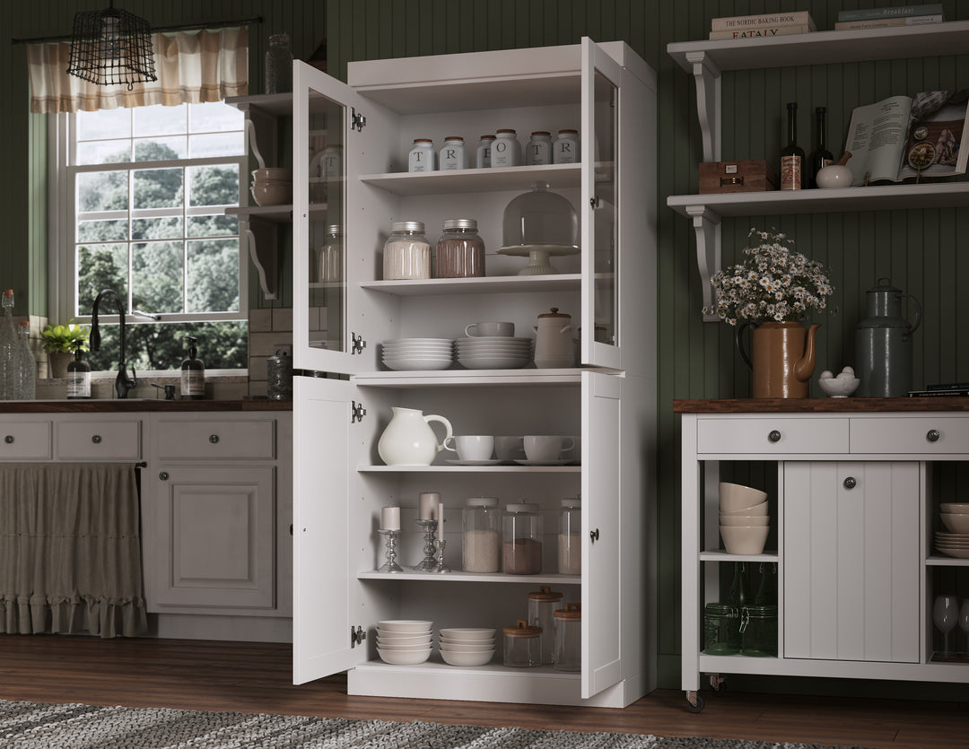 100% Solid Wood 32" Pantry Cabinet, 2 Clear Glass, 2 Shaker Wood Doors