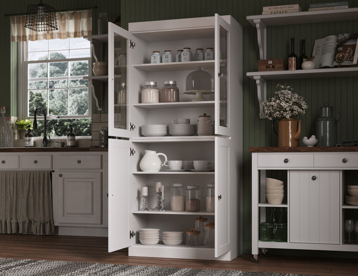 100% Solid Wood 32" Pantry Cabinet, 2 Clear Glass, 2 Shaker Wood Doors