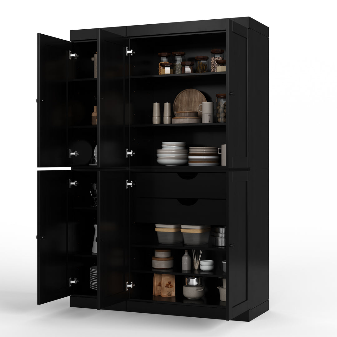 100% Solid Wood 48.5" Pantry Cabinet, Shaker Wood Doors, 2-Drawers