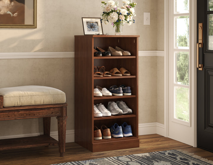 100% Solid Wood Narrow Open Shoe Storage Cabinet with Adjustable Shelves, Space Saving Stackable Organizer, 16.5" W x 35.75" H