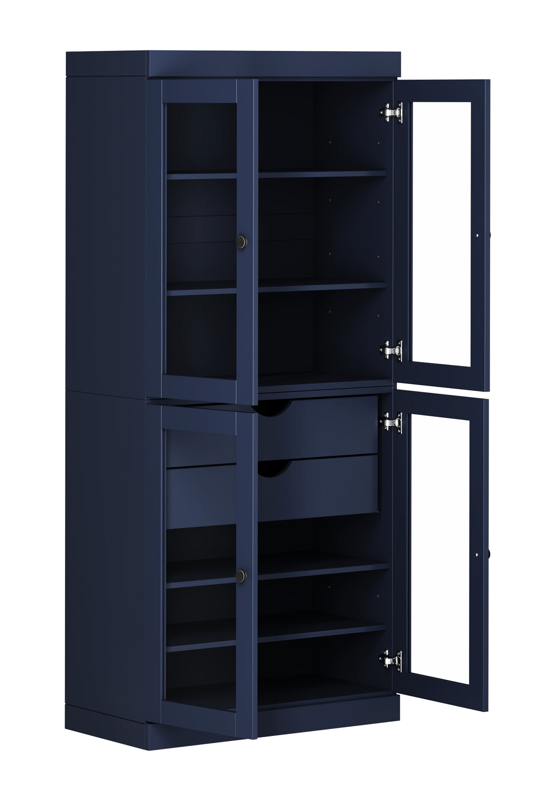 100% Solid Wood 32" Pantry Cabinet, 4 Clear Glass Doors, 2-Drawers Set