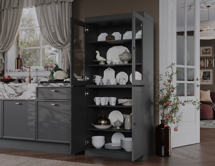 100% Solid Wood 32" Pantry Cabinet, 2 Clear Glass, 2 Shaker Wood Doors