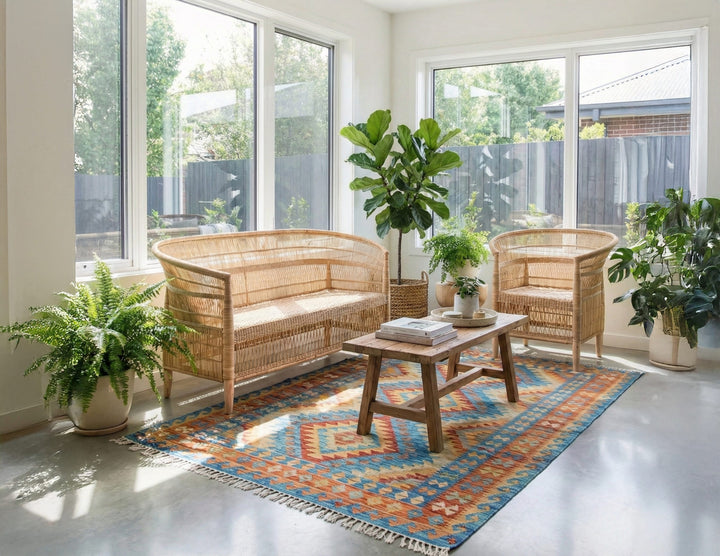 100% Handwoven Natural Rattan 2-Piece Indoor Seating Set with Chair and 3-Seater Settee, Solid Wood Frame, Boho Farmhouse, Authentic African Craftsmanship