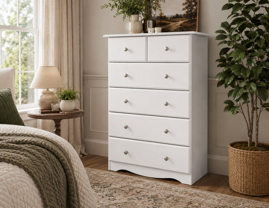 100% Solid Brazilian Pine Wood 6-Drawer Chest with Metal Knobs, White 6-Drawer Chests - Palace Imports