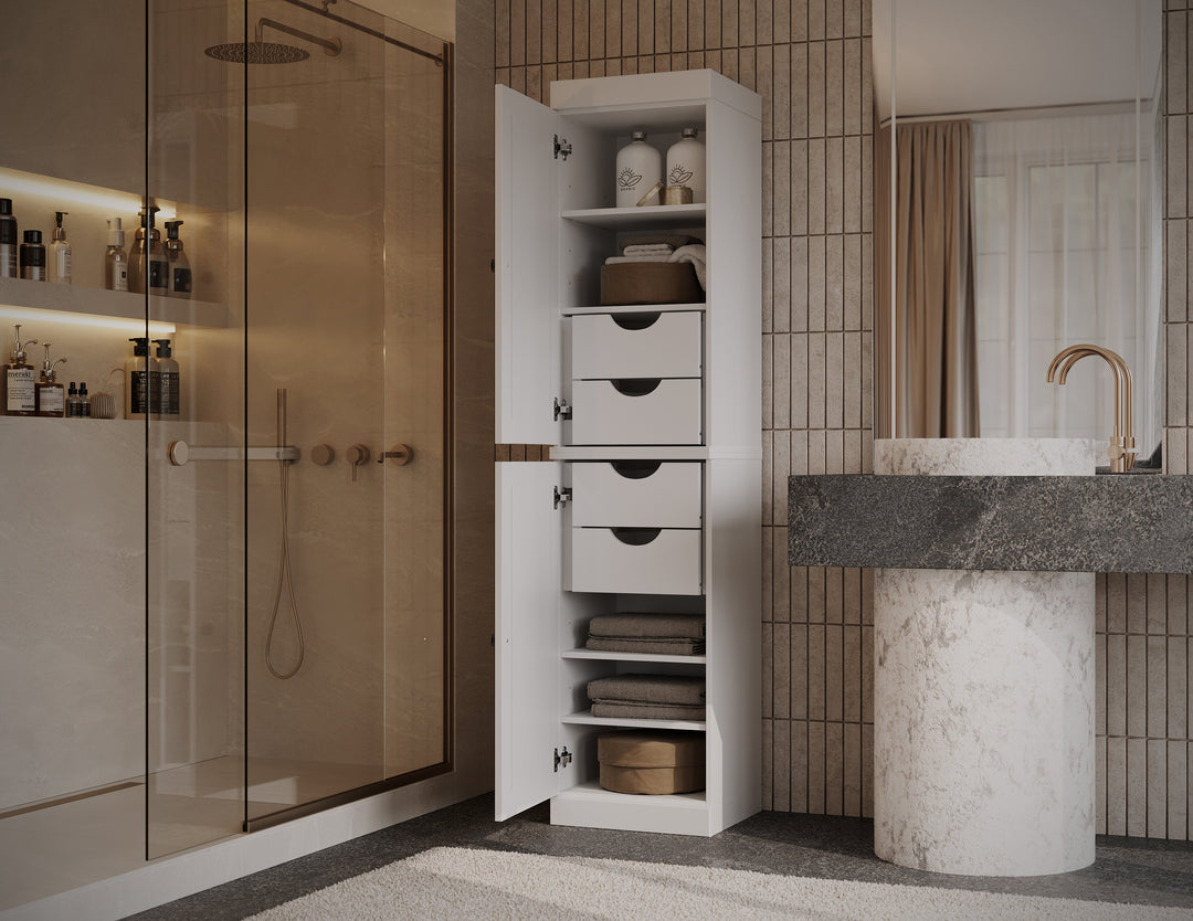 100% Solid Wood Bathroom Storage Cabinet, Raised Panel Doors, 4 Drawers, Adjustable Shelves, 16.5" Wide, 71.5" Tall