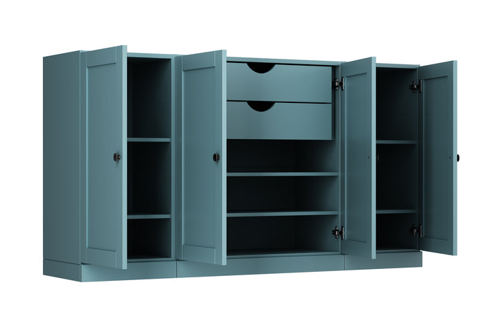 100% Solid Brazilian Pine Wood Sideboard, Shaker Doors, 2 Drawers, Adjustable Shelves, 65" Wide, 35.75" Tall