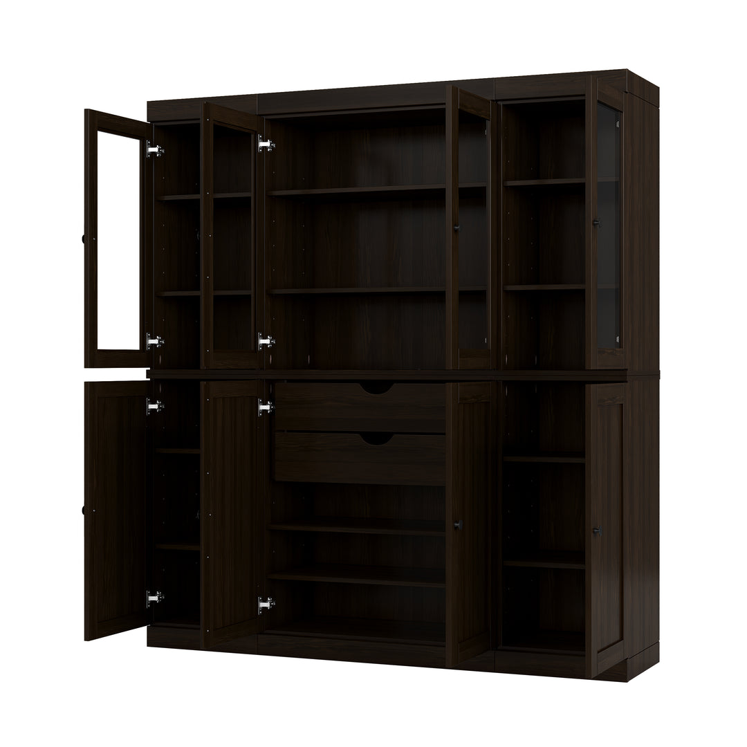 100% Solid Brazilian Pine Wood Pantry China Cabinet, Clear Glass & Shaker Doors, 2 Drawers, Adjustable Shelves, 65" Wide, 71.5" Tall