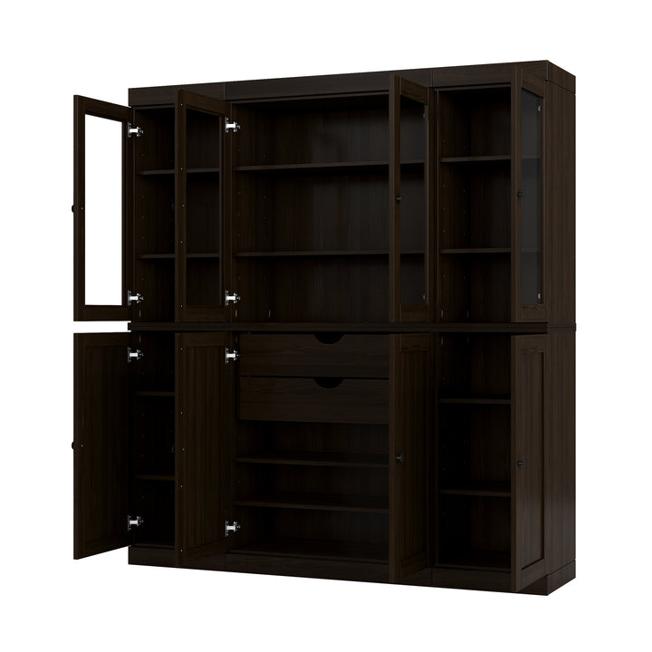 100% Solid Brazilian Pine Wood Pantry China Cabinet, Clear Glass & Shaker Doors, 2 Drawers, Adjustable Shelves, 65" Wide, 71.5" Tall