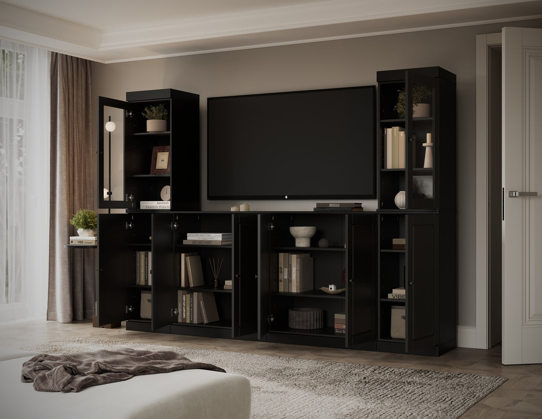 100% Solid Wood 6-Piece Entertainment Center Wall Unit with Storage, Glass & Raised Panel Doors, Adjustable Shelves, 97" W x 71.5" H