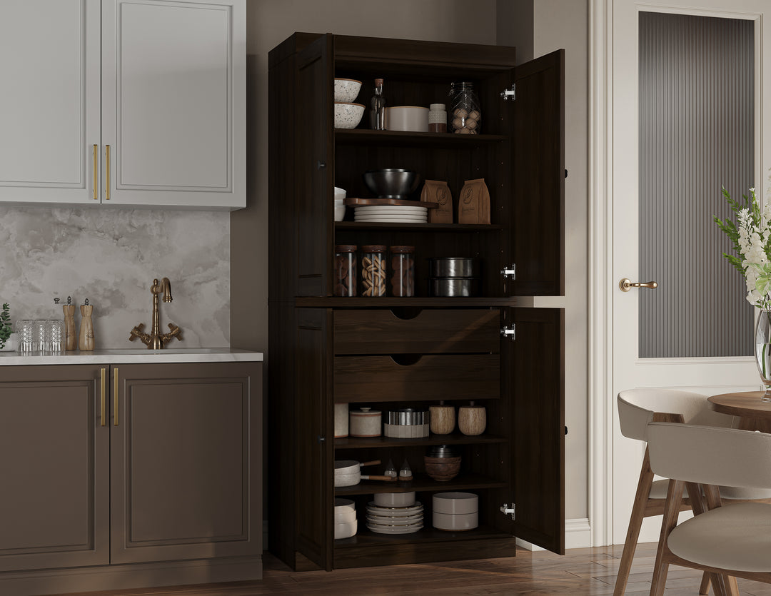 100% Solid Wood Kitchen Pantry Cabinet, Tall Freestanding Modular Storage with Raised Panel Doors & 2 Drawers, Adjustable Shelves, 32" W x 71.5" H