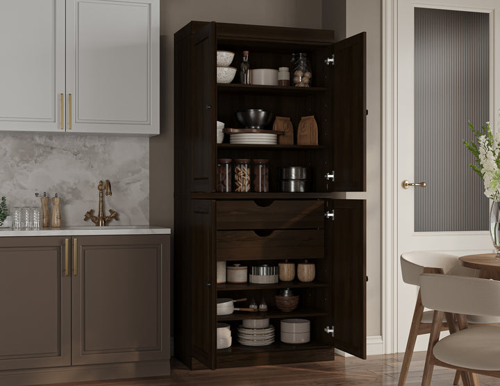 100% Solid Wood Kitchen Pantry Cabinet, Tall Freestanding Modular Storage with Raised Panel Doors & 2 Drawers, Adjustable Shelves, 32" W x 71.5" H