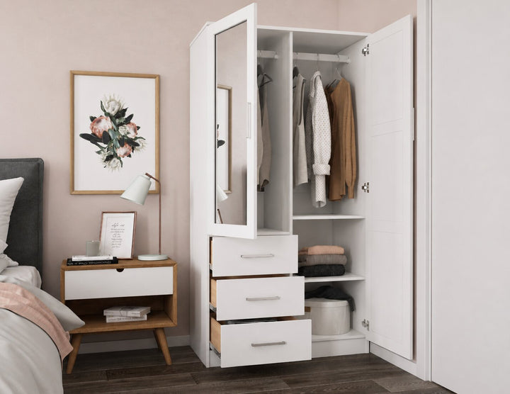 100% Solid Wood 2-Door Wardrobe Armoire with Mirrored Doors, Bedroom Closet Storage - Metro Collection