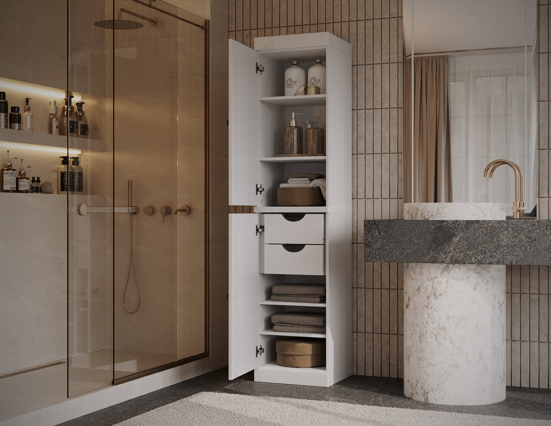 100% Solid Wood Bathroom Storage Cabinet, Raised Panel Doors, 2 Drawers, Adjustable Shelves, 16.5" Wide, 71.5" Tall