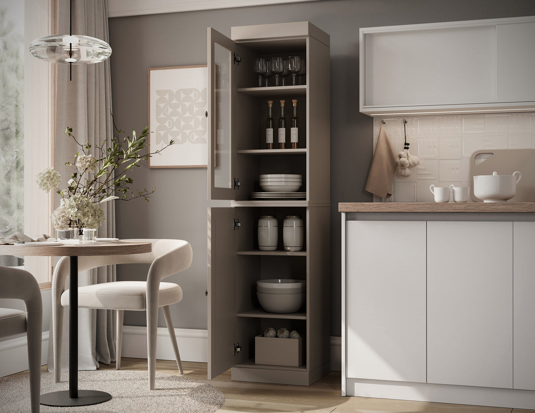 100% Solid Brazilian Pine Wood Pantry Cabinet, Raised Panel & Clear Glass Doors, Adjustable Shelves, 16.5" Wide, 71.5" Tall