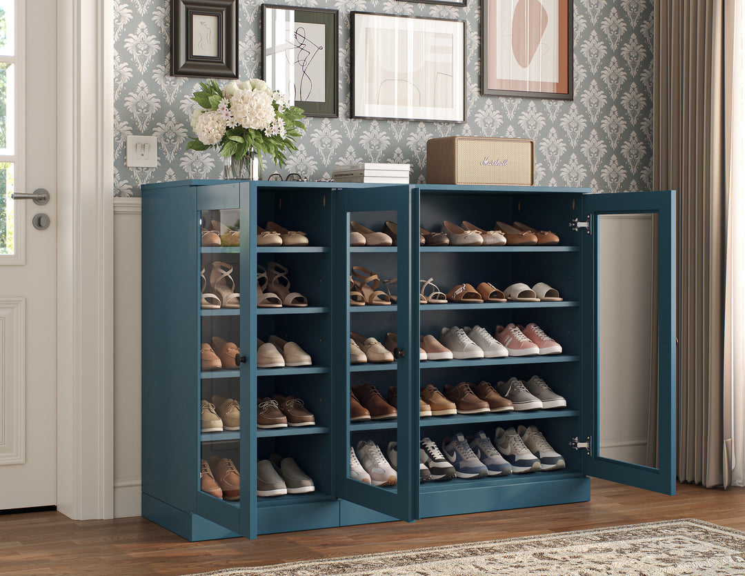 100% Solid Wood Glass Door Shoe Storage Cabinet, Adjustable Shelves, Space Saving Modular Entryway Organizer, 48.5" W x 35.75" H