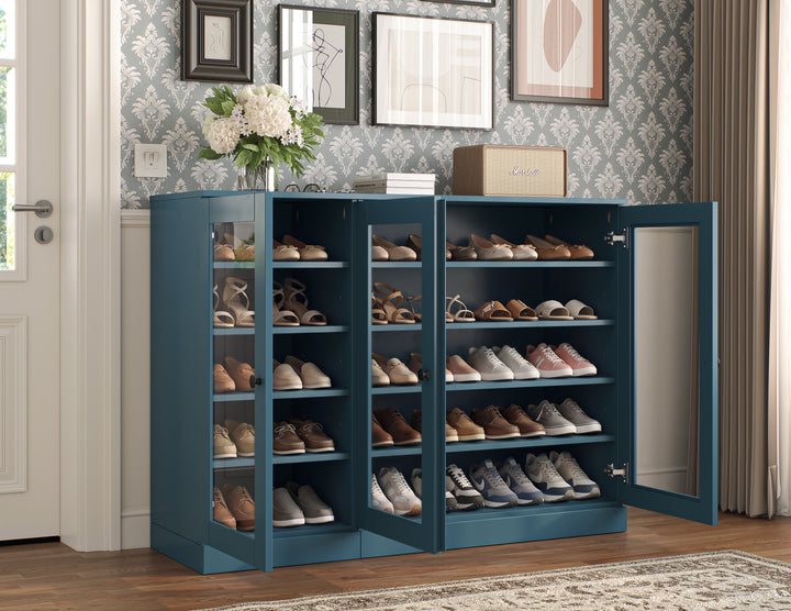 100% Solid Wood Glass Door Shoe Storage Cabinet, Adjustable Shelves, Space Saving Modular Entryway Organizer, 48.5" W x 35.75" H