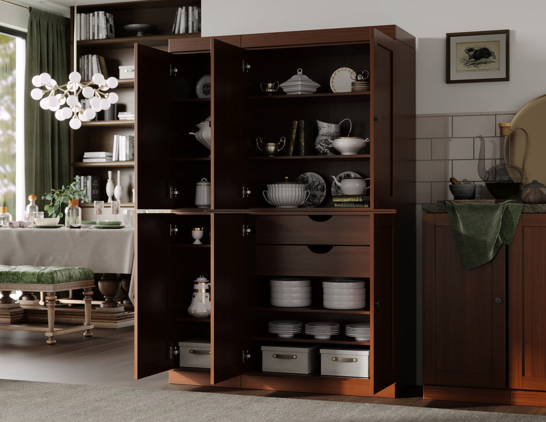 100% Solid Wood 48.5" Pantry Cabinet, Shaker Wood Doors, 2-Drawers
