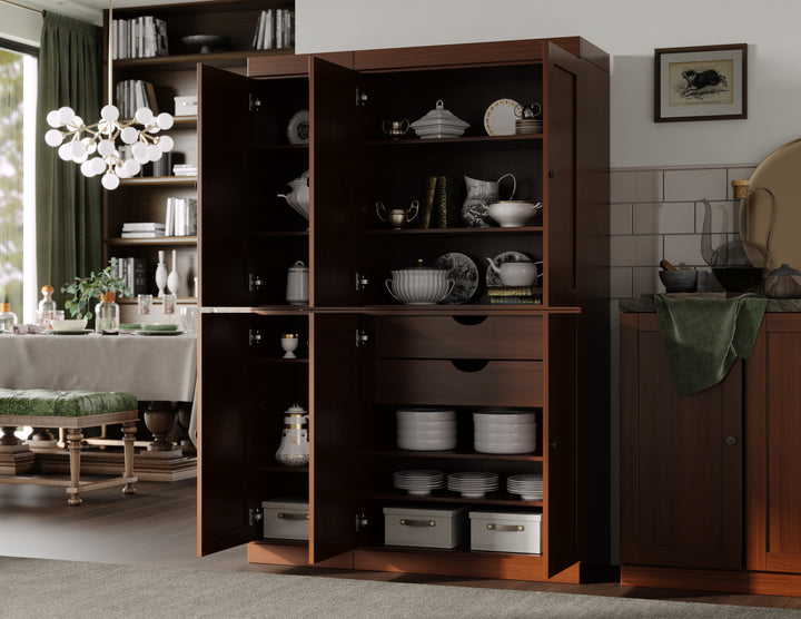 100% Solid Wood 48.5" Pantry Cabinet, Shaker Wood Doors, 2-Drawers