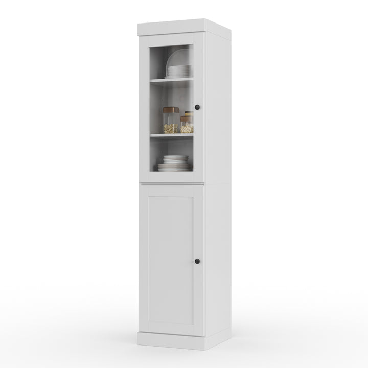White Solid Wood 16.5" Kitchen Pantry Storage Cabinet, 1 Clear Glass Door and 1 Shaker Wood Door