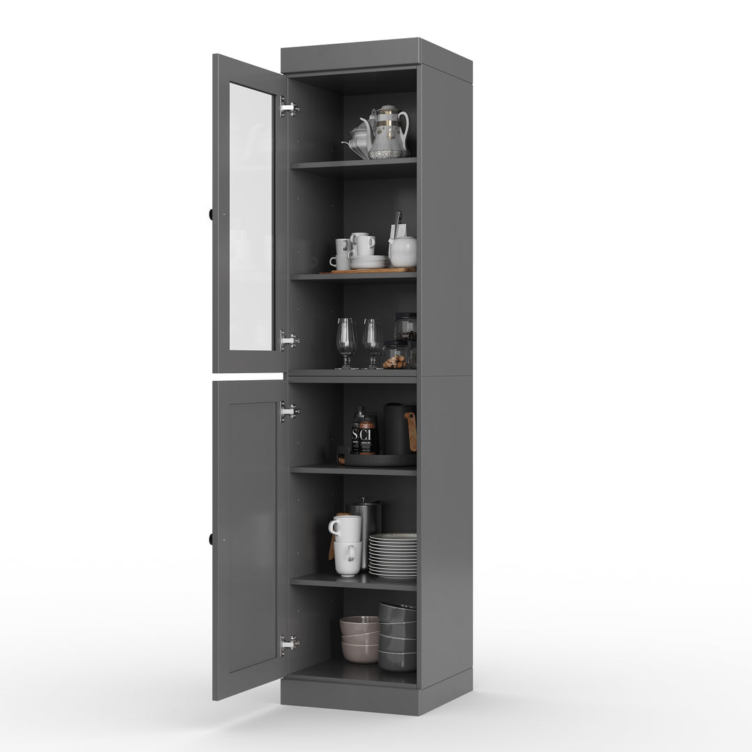 100% Solid Wood 16.5" Pantry Cabinet, 1 Clear Glass, 1 Shaker Wood Door