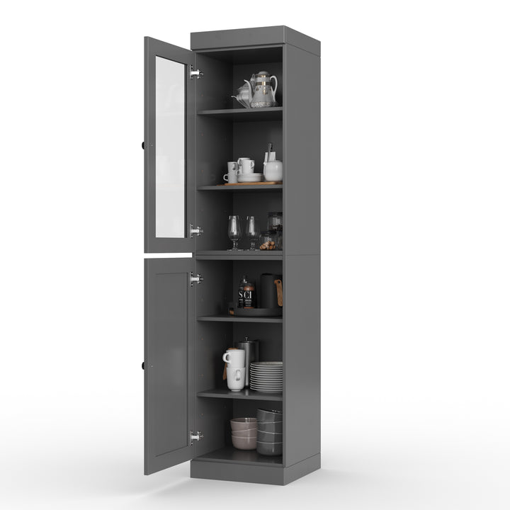 100% Solid Wood 16.5" Pantry Cabinet, 1 Clear Glass, 1 Shaker Wood Door