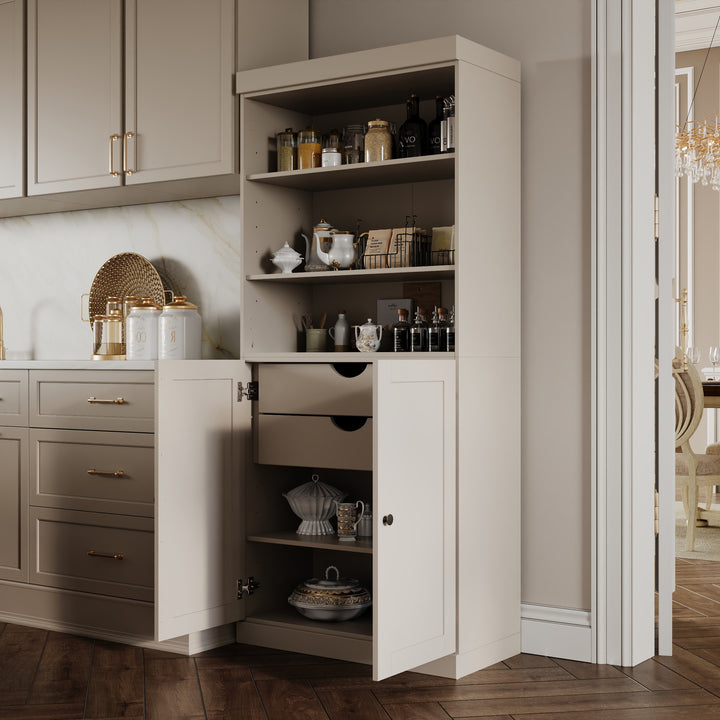 100% Solid Wood 32" Pantry Cabinet, 2 Shaker Wood Bottom Doors, 2 Drawers