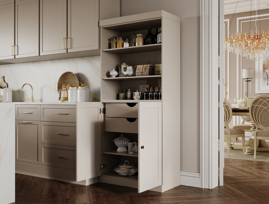 100% Solid Wood 32" Pantry Cabinet, 2 Shaker Wood Bottom Doors, 2 Drawers