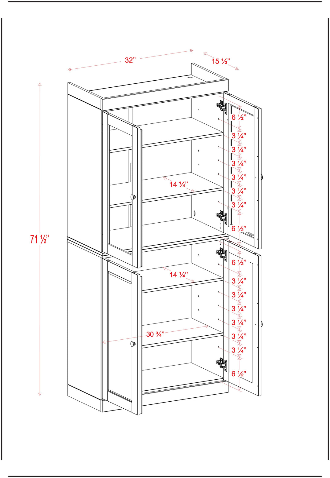 100% Solid Wood Kitchen Pantry China Cabinet, Tall Freestanding Modular Storage with Glass & Shaker Doors, Adjustable Shelves, 32" W x 71.5" H