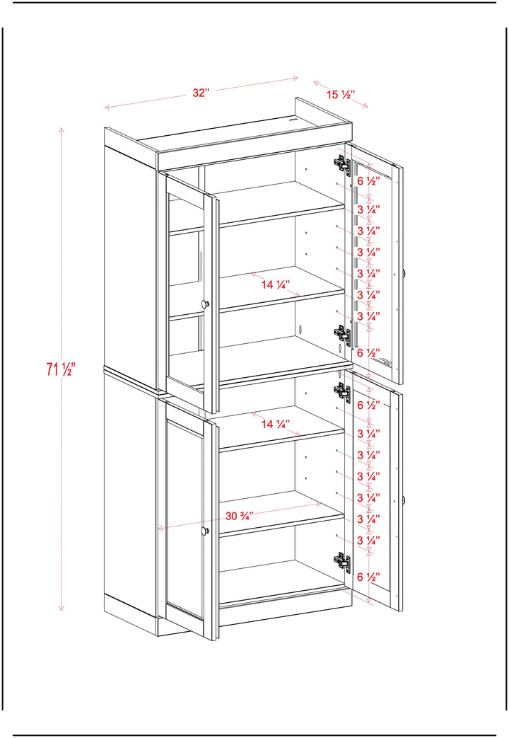 100% Solid Wood Kitchen Pantry China Cabinet, Tall Freestanding Modular Storage with Glass & Shaker Doors, Adjustable Shelves, 32" W x 71.5" H