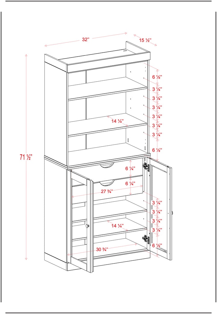 100% Solid Wood Kitchen Pantry China Cabinet, Tall Freestanding Modular Storage with Open Shelf & Glass Doors & 2 Drawers, Adjustable Shelves, 32" W x 71.5" H
