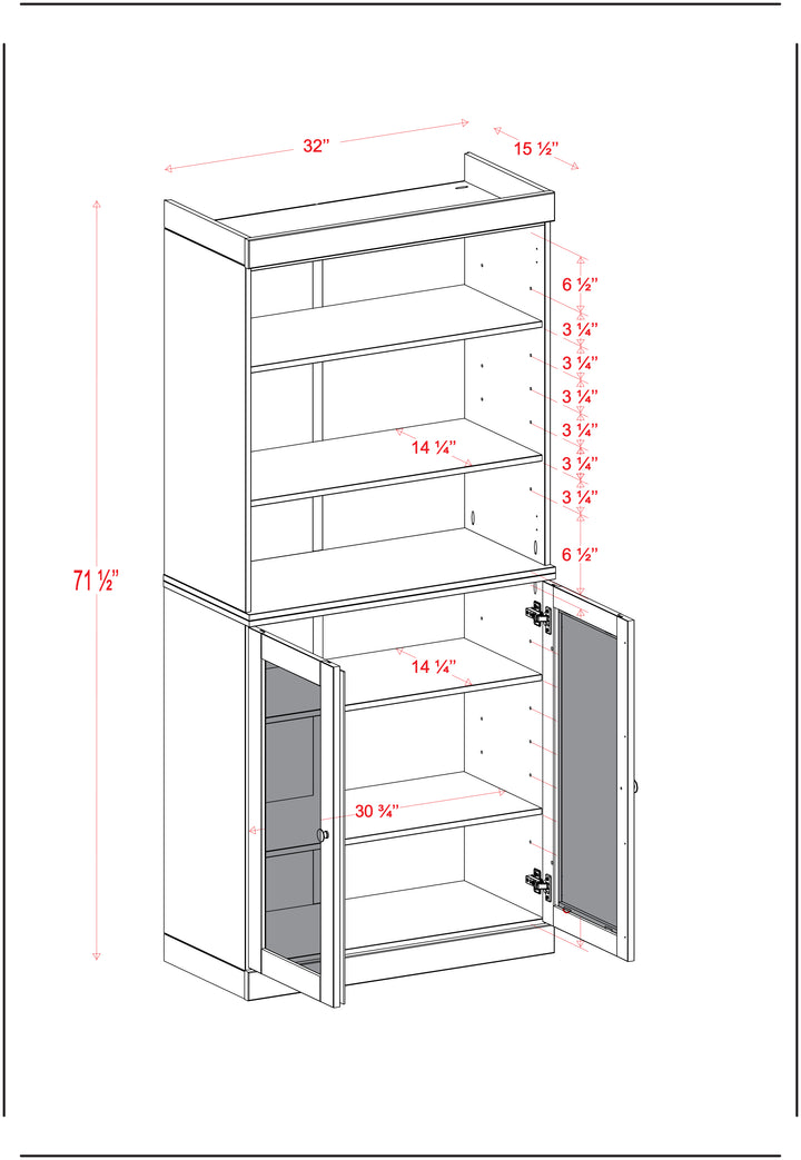 100% Solid Wood Kitchen Pantry China Cabinet, Tall Freestanding Modular Storage with Open Shelf & Frosted Glass Doors, Adjustable Shelves, 32" W x 71.5" H
