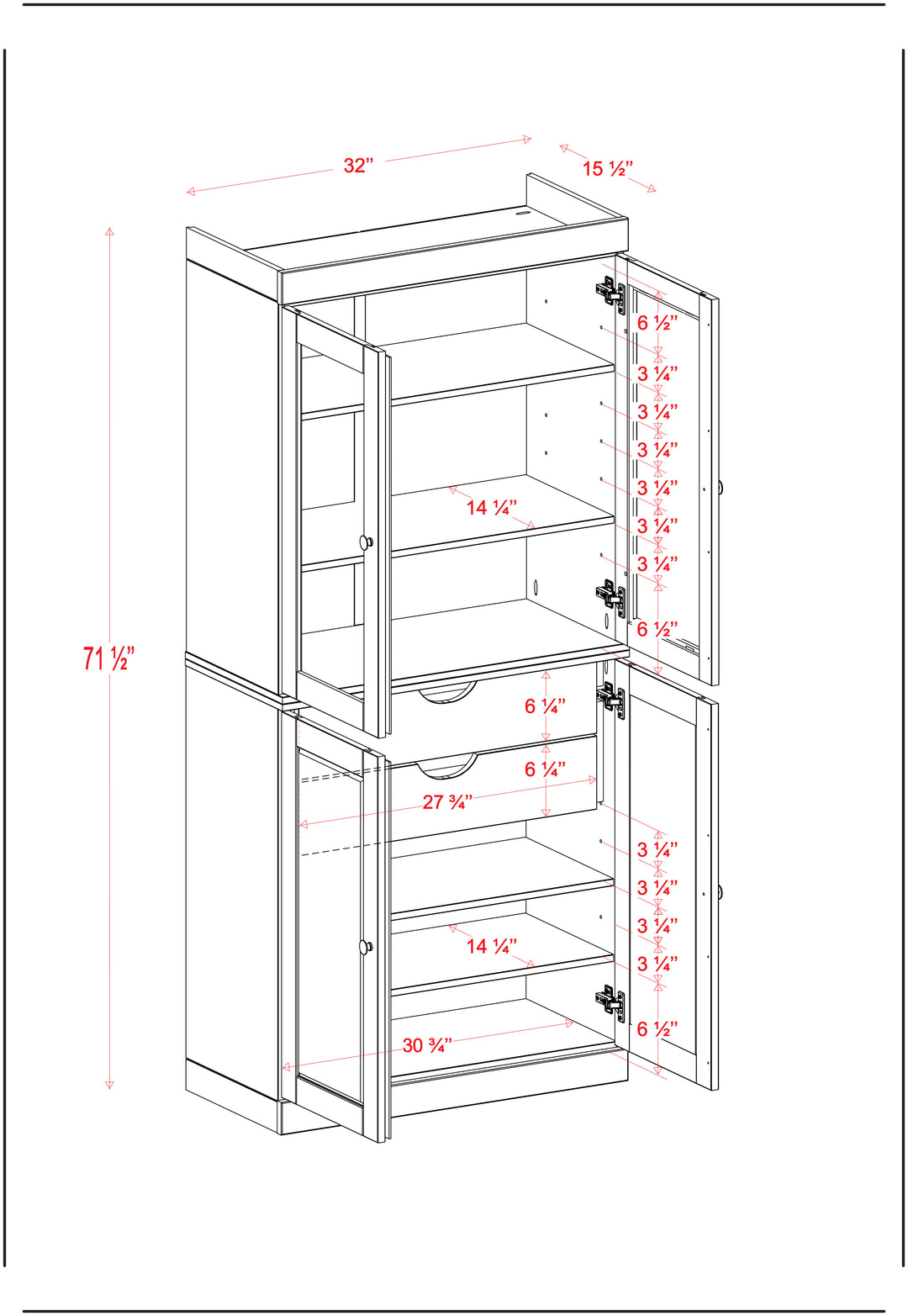 100% Solid Wood Kitchen Pantry China Cabinet, Tall Freestanding Modular Storage with Glass & Shaker Doors & 2 Drawers, Adjustable Shelves, 32" W x 71.5" H