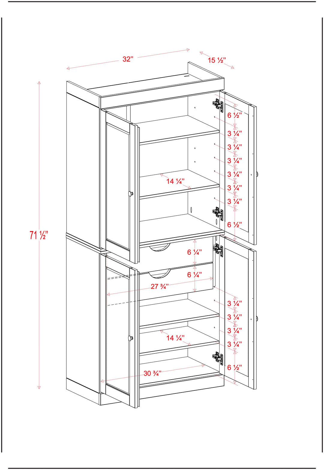 100% Solid Wood Kitchen Pantry Cabinet, Tall Freestanding Modular Storage with Shaker Doors & 2 Drawers, Adjustable Shelves, 32" W x 71.5" H