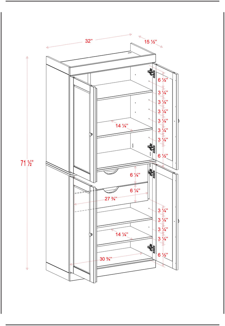 100% Solid Wood Kitchen Pantry Cabinet, Tall Freestanding Modular Storage with Shaker Doors & 2 Drawers, Adjustable Shelves, 32" W x 71.5" H