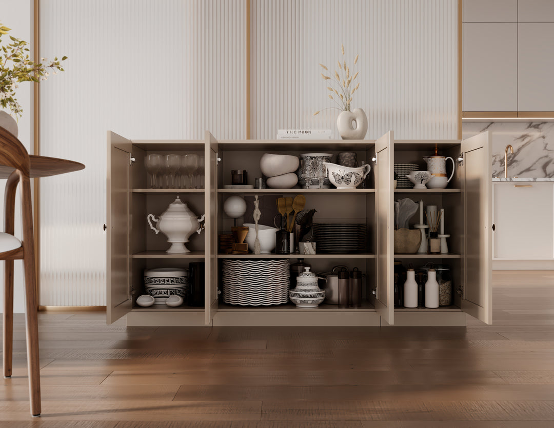 100% Solid Brazilian Pine Wood Sideboard, Shaker Doors, Adjustable Shelves, 65" Wide, 35.75" Tall