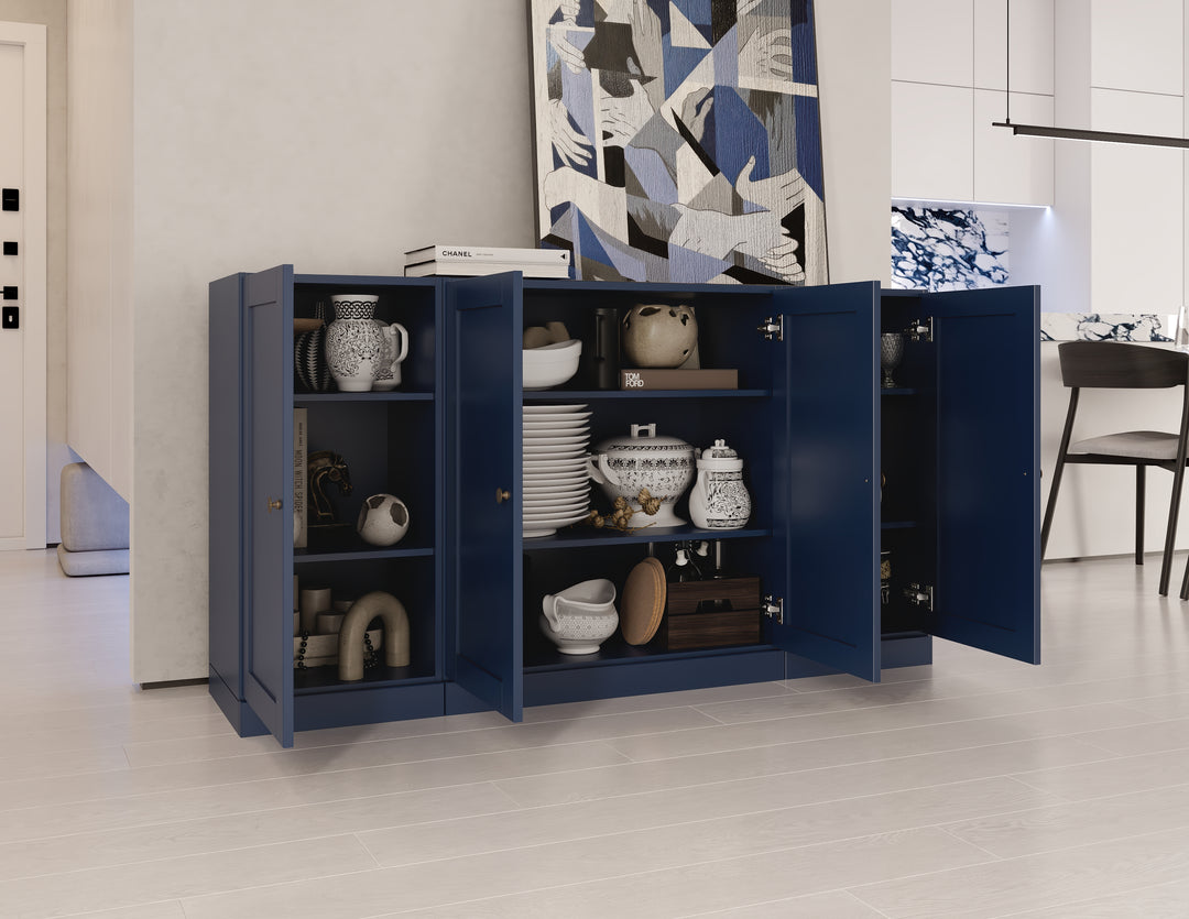 100% Solid Brazilian Pine Wood Sideboard, Shaker Doors, Adjustable Shelves, 65" Wide, 35.75" Tall