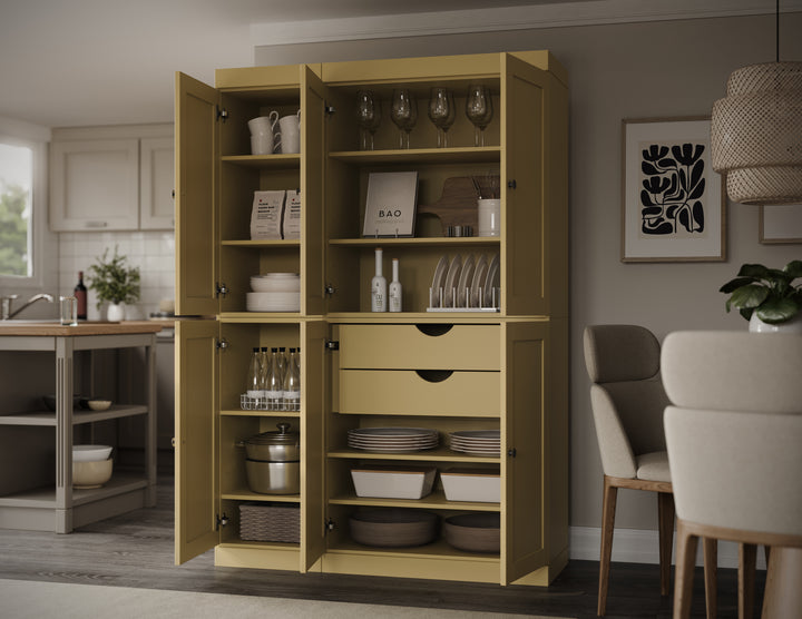 100% Solid Wood 48.5" Pantry Cabinet, Shaker Wood Doors, 2-Drawers