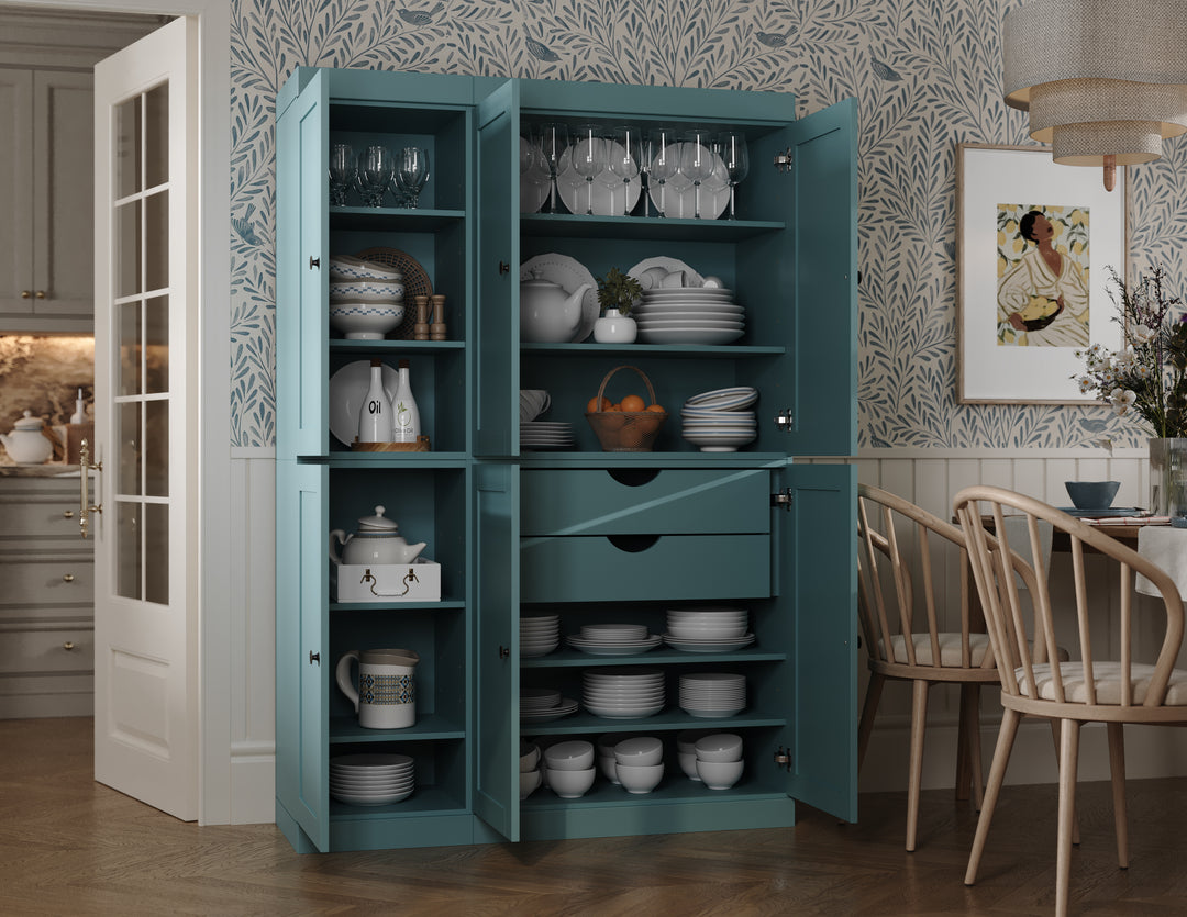 100% Solid Wood 48.5" Pantry Cabinet, Shaker Wood Doors, 2-Drawers