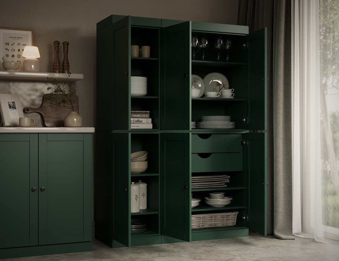 100% Solid Wood 48.5" Pantry Cabinet, Shaker Wood Doors, 2-Drawers