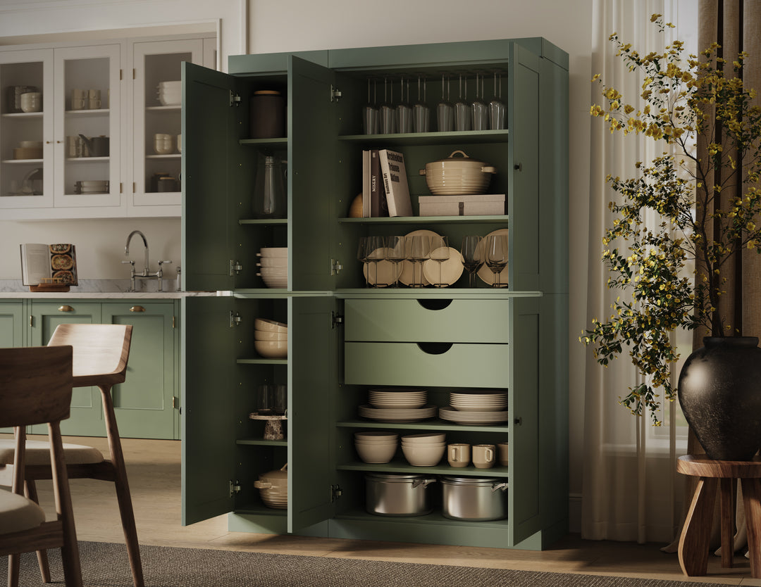 100% Solid Wood 48.5" Pantry Cabinet, Shaker Wood Doors, 2-Drawers